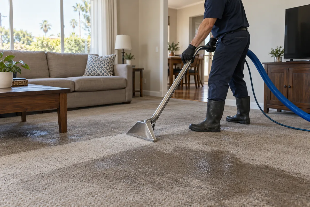 Technician extracting water from a damp living room carpet